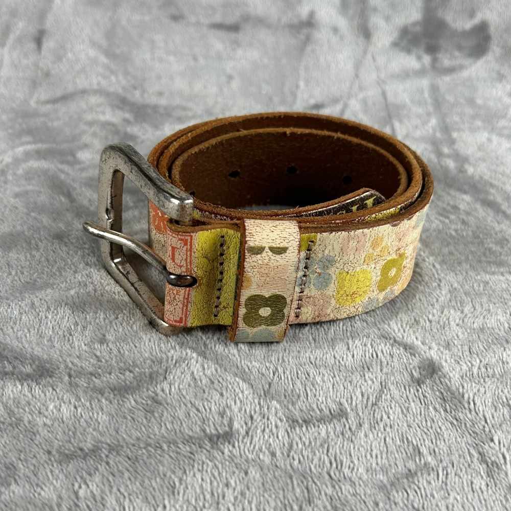 Vintage Fossil Brand Leather Belt Small Distressed Floral Patchwork Brown Multi - Picture 3 of 10